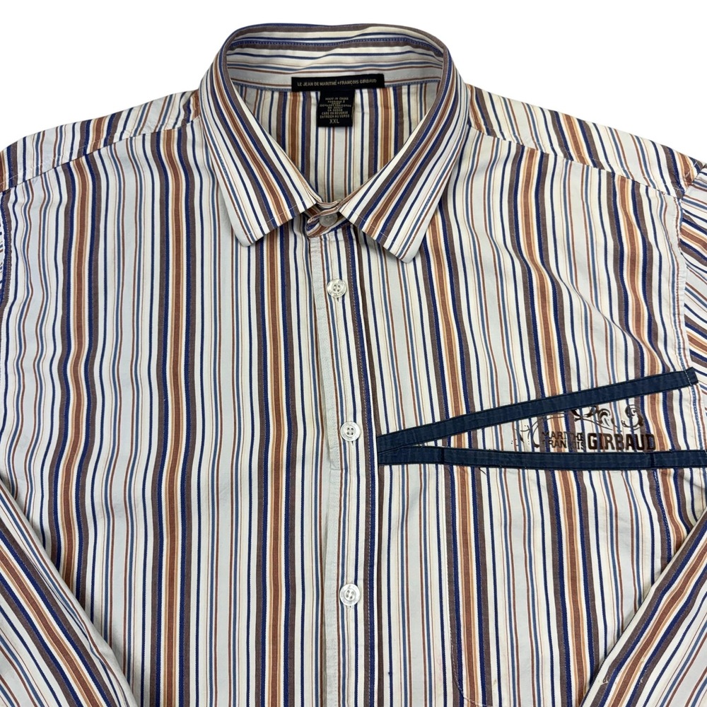 Marithe Francois Girbaud Shirt Mens 2XL Brown Blue Striped Button Front Casual‎